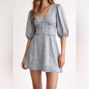 AllSaints Denim Mini Dress Puff Sleeve Empire Waist Smocked Blue US 6